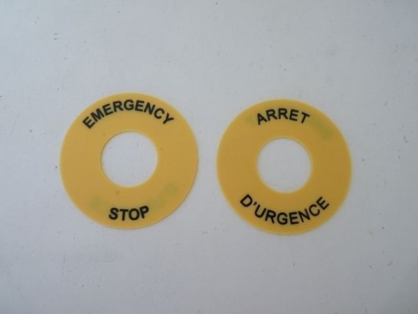 Etiquette circulaire Arret d''urgence/Emergency Stop double face anglais/francais